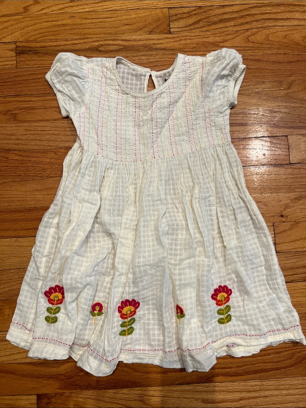 Fabindia 100% Cotton Soft Ivory Embroidered Flower and Rainbow Threads Dress